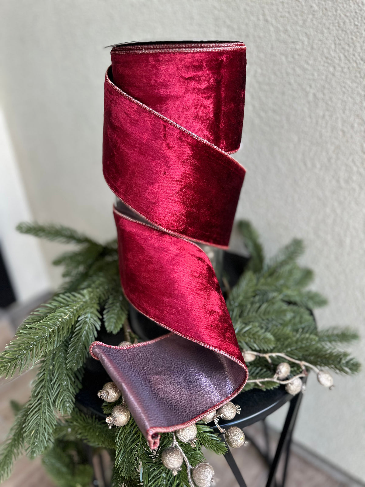 Velvet Metallic Dupion Fused Burgundy 4inch -10 yard
