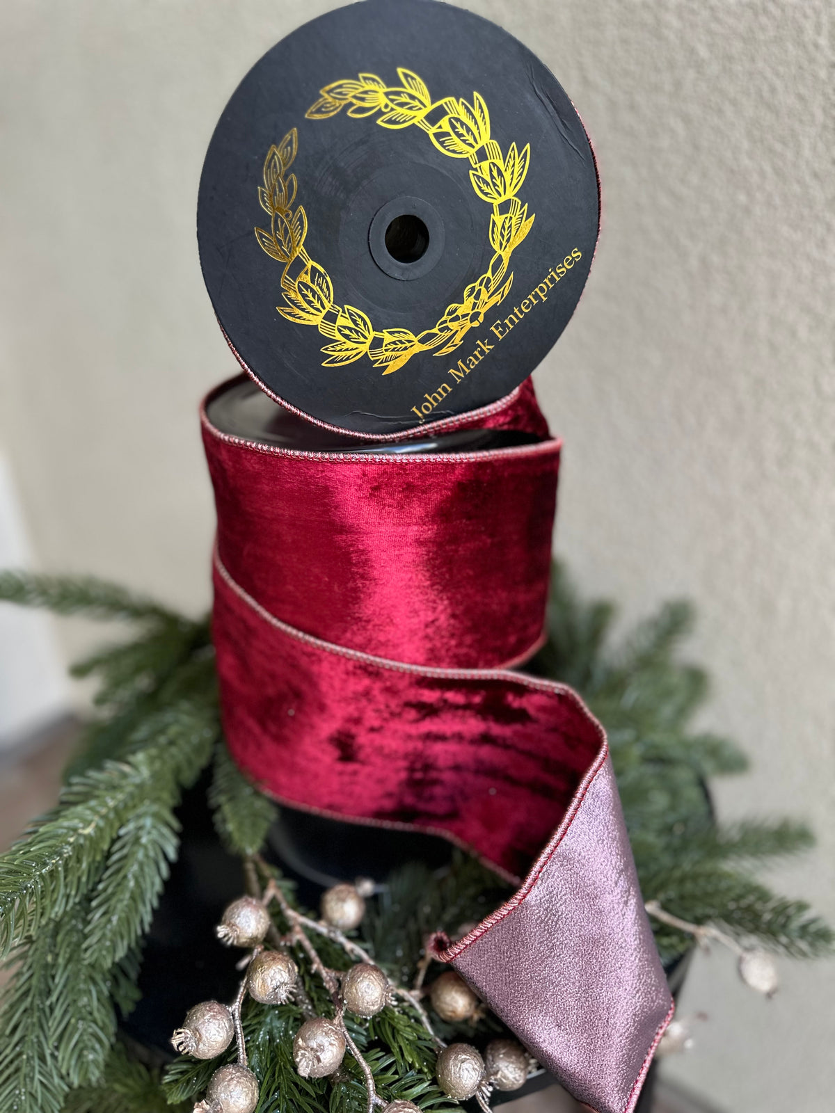 Velvet Metallic Dupion Fused Burgundy 4inch -10 yard