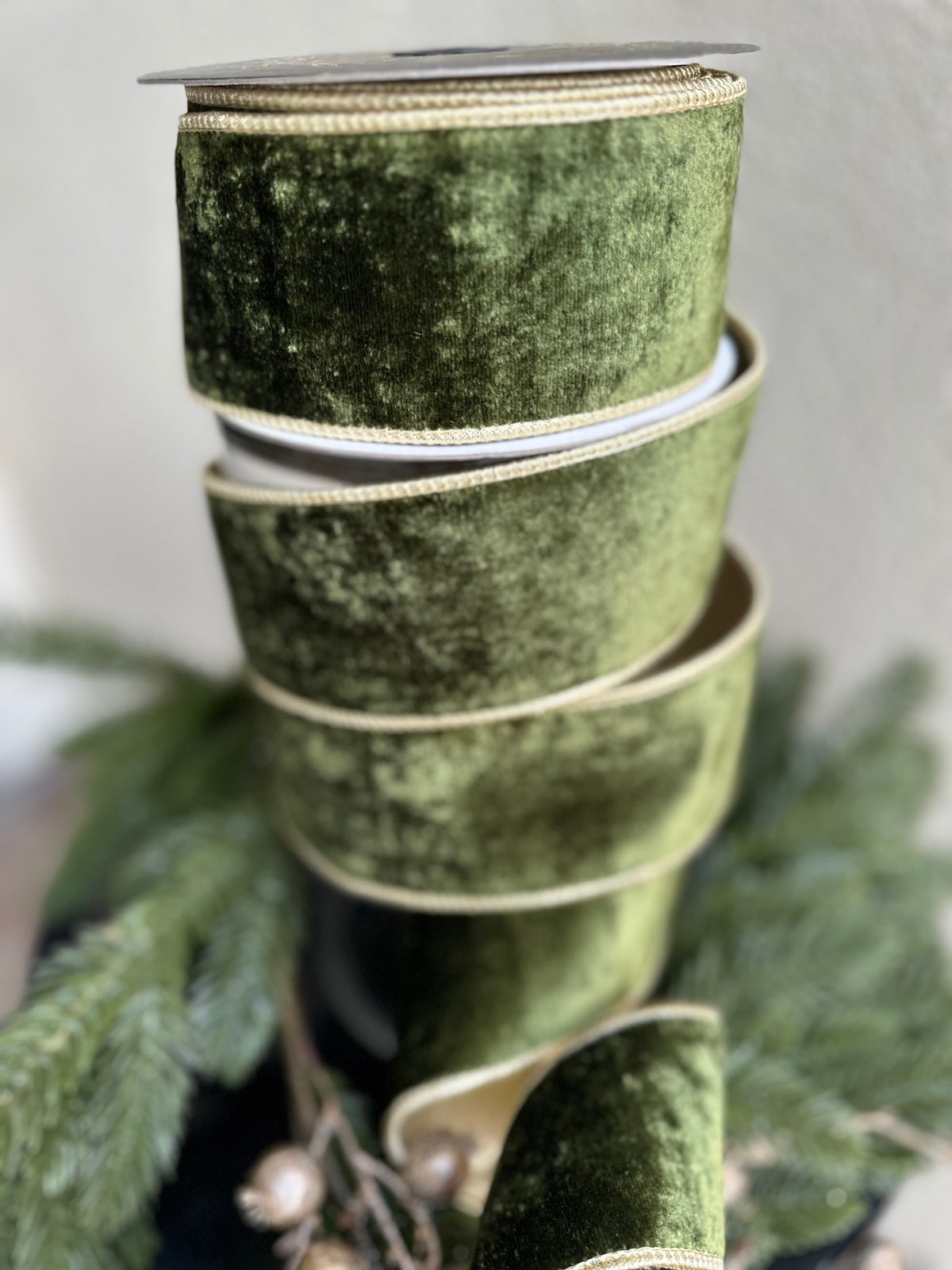 Dark Green Velvet with Champagne Trim 2.5inch - 10 yards